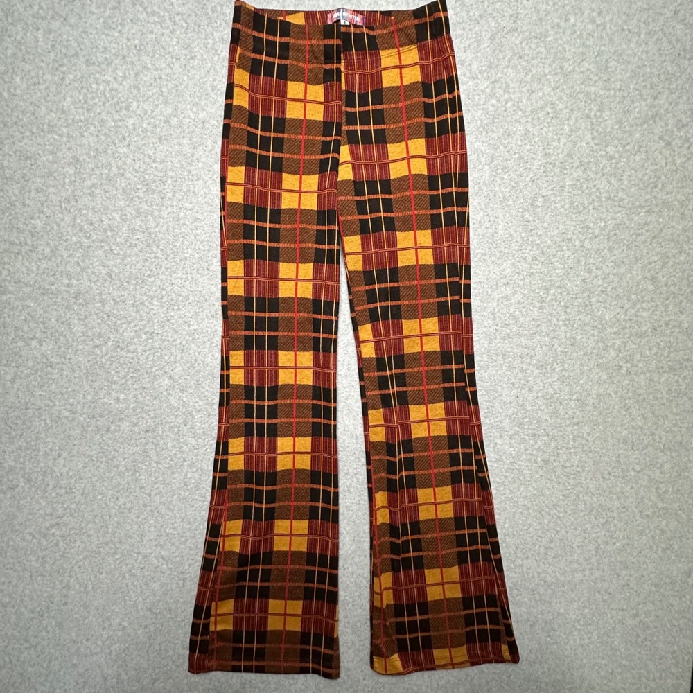 Urban Outfitters Womens Plaid Flare Pants Yellow Brown Red High Rise Stretch S